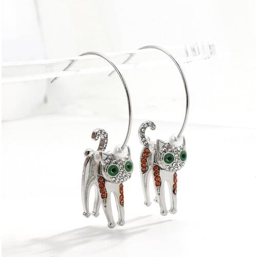 Lifefontier Cute Rhinestone Cat Dangle Earrings For Women Enamel Silver Color Metal Lovely Animal Drop Earrings Korean Jewelry