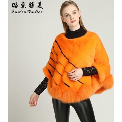 100% Real Mink Fur Coats Female Pullovers for Winter Full Pelt Mink Fur Patchwork with Fox Fur Jackets Natural Mink Capes