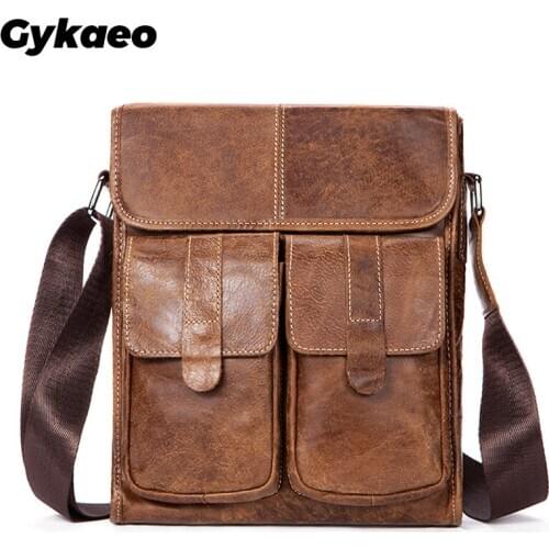 Gykaeo Vintage Genuine Leather Mens Bag Men Business Retro Cowhide Shoulder Messenger Bag Male Flap Leisure Crossbody Bags