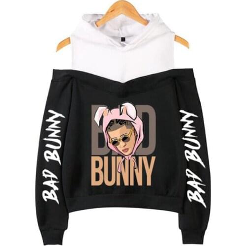 Rapper hip hop Bad Bunny Hoodie Off Shoulder Women Hooded Sweatshirt Creative Streetwear Girls Clothes
