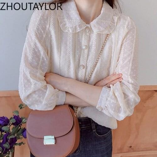 ZHOUTAYLOR Women Shirts Peter Pan Collar Office Lady Tops Femme Full Lantern Sleeve Single Breasted Slim Fit Blouses Female