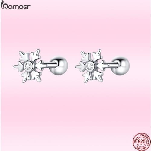 Bamoer 925 Sterling Silver Snowflake Ear Studs for Women Winter Romantic Dating Earrings New Fine Wedding Jewelry Hypoallergenic