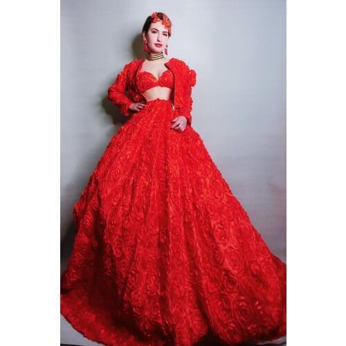 Women New Nightclub Bar Singer Show Dance Team Performance Fire Rose Fluffy Dress Stage Costume Suit (Jacket + Bra + Skirt) Set