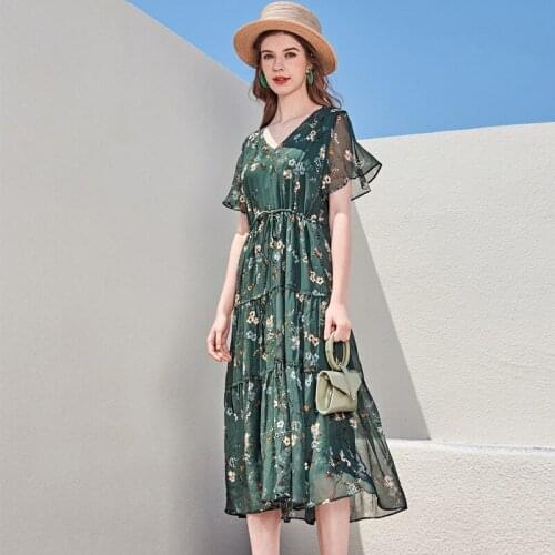 V neck green silk floral maxi dress women 2020 summer long work boho beach office sexy party luxury dresses plus size free ship
