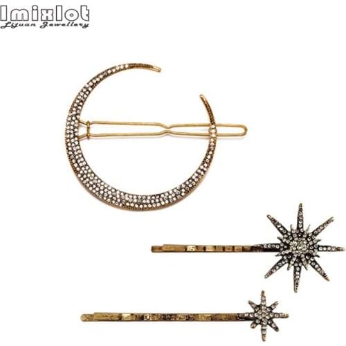 1PC Fashion Geometric Hair Clip for Women Vintage Rhinestone Moon Star Hairpins Girls Metal Barrettes Hair Styling Accessories