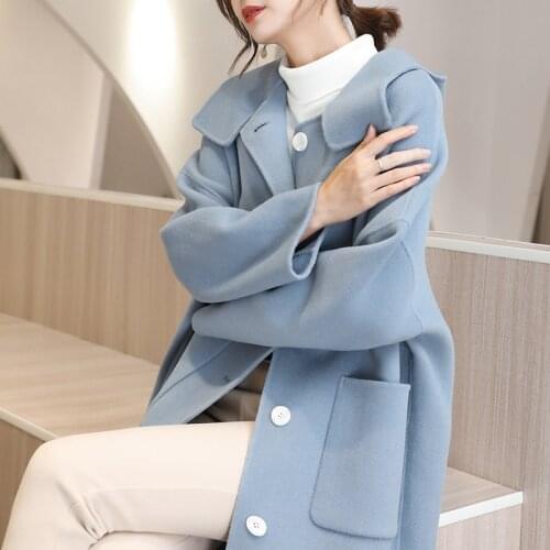 100% cashmere coat women 2020 new loose hooded high-end long coat blue plus size coat big pockets solid elegant wool coat