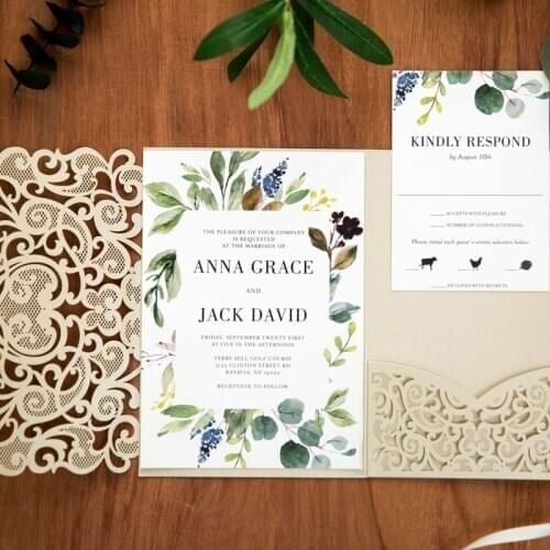 100 pieces/lot) Personalized Champagne Wedding Invitation Card With Reply Card Business Birthday Party Laser Invitations IC136