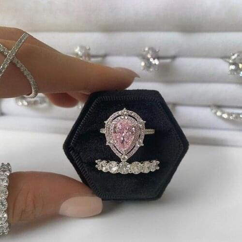 2021 Silver Color Big Pink Water Drop Shape Accent Stone Pricess Cut Full Prinky Clear CZ Band Wedding Engagment Ring For Women