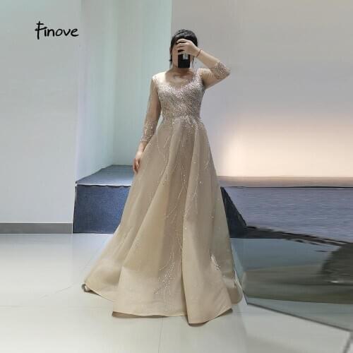 2021 Evening Dresses Long Sleeves Sparkle O-Neck Dubai Luxury Beading A-Line Floor Lenght Prom Gowns Plus Size Finove
