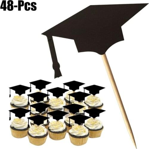 48 Pcs/Set Cake Topper Decor For Party Creative Graduation Cap Shaped Cupcake Topper With Toothpicks Cake Decoration Supplies