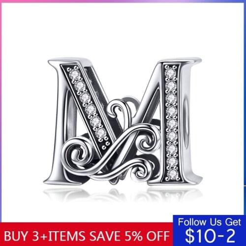 LByzHan 100% 925 Sterling Silver Letter M Alphabet Beads Charms Fit Charm Bracelets & Bangles DIY Accessories Jewelry C030-K
