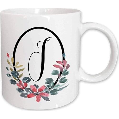 Black Oval Frame, Pink and Blue Watercolor Floral Monogram Initial J Mug, 11 oz, White
