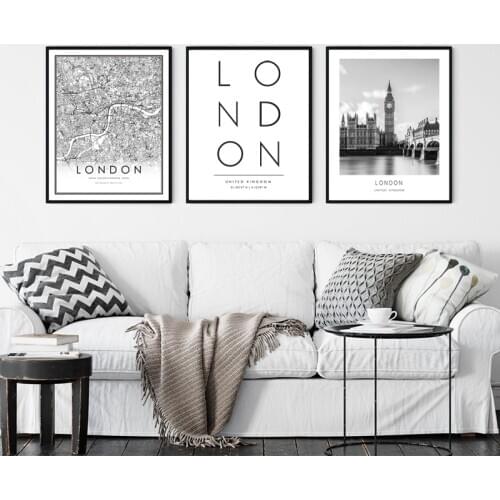 Black and White London City Map Poster Canvas Print United kingdom Travel Posters Wall Art Pictures Painting Living Room Decor