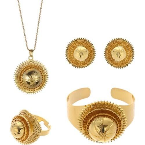 Ethiopian Jewelry Set Gold Color Eritrea Ethnic Style Habesha Pendant Earrings Ring Bangle