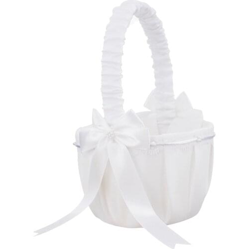 Elegant Wedding Flower Girl Basket White Cute Satin Holder Ring Pillow Flower Storage Basket for Party Wedding Decoration
