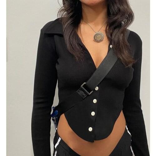 Rockmore Sexy Knitted Crop Tops Women Long Sleeve T-Shirt Casual Harajuku Basic Tees Streetwear Slim Button Up T Shirts Fashion