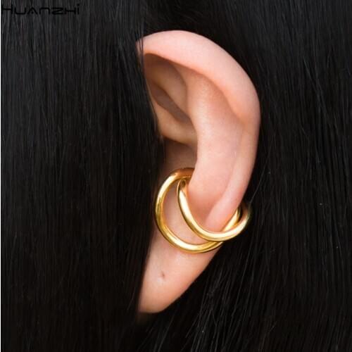 HUANZHI 2020 New Geometric Irregular Double Layer Metal Curve Line Single Brass Ear Bone Clip No Piercing Couple Earrings