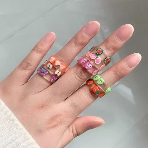 Fashion Trendy Summer Acrylic Resin Cute Fruit Transparent Rings for Women Strawberry Engagement Rings Jewelry Party Gifts