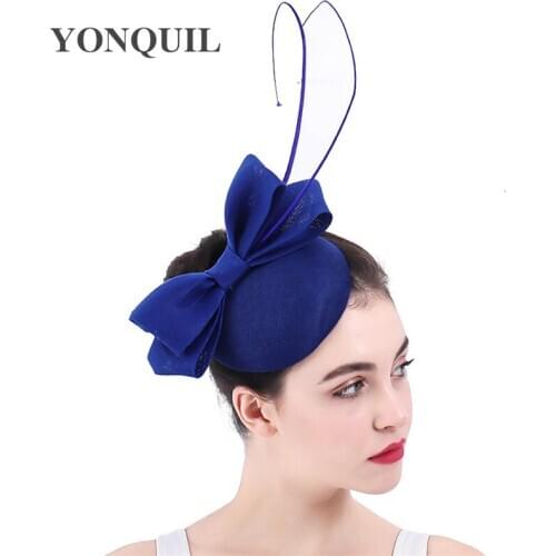Royal Blue Vintage Wedding Fascinator Ladies Party Hat With Bow And Ostrich Quill Imitation Sinamay Event Headwear On Hair Clips
