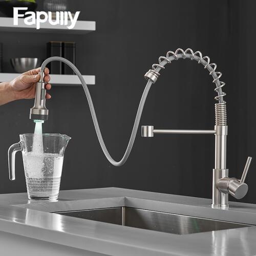 Fapully Kitchen Faucet Spring Single Handle Brass Pull Down LED Kitchen Tap Swivel 360 Degree Water Mixer Tap Mixer Tap 1094