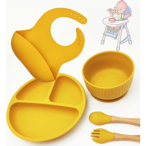 Boy Girl Meal Silicone Plate Spoon Fork Bib Set Baby Food Feeding Cutlery 5 Pcs Kid Meal Training Can Not Break Silicone Cutlery