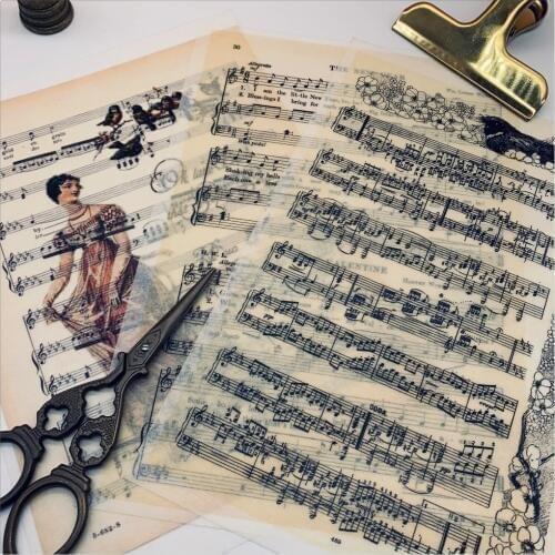 3Pcs Vintage Music Book Page Vellum Background Paper Junk Journal Diary Planner Stickers Scrapbooking Decorative DIY Craft Photo