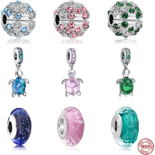 The New 925 Silver Stained Glass Turtle Pendant Shiny Buckle Clip Bead Suitable For Original Pandora Bracelet Lady Jewelry Gift