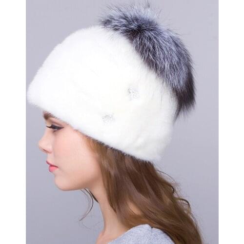JKP New female mink fur with Fox fur hat for women warm winter whole animal mink cap with Fox Fur in Hat DHY18-02
