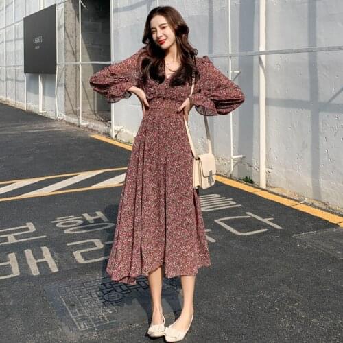 Dress 2021 Autumn New Ladies' Harajuku Cottagecore Elegant Casual With Slim Waist And Printed Long Sleeve A-line Skirt