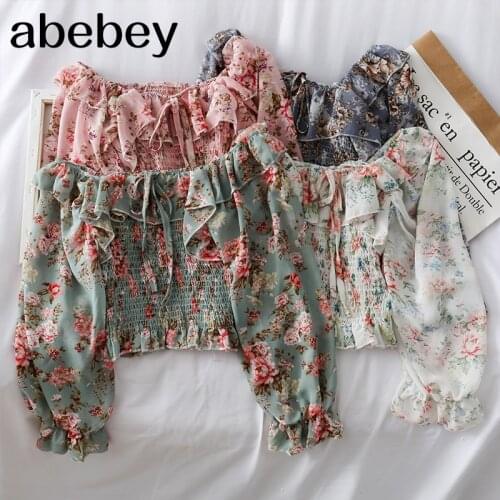 New one-shoulder floral lace tie ruffled chiffon shirt female pleated was thin puff sleeve bottoming shirt