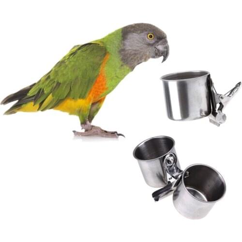 Single/Double Cups with Clips Stainless Steel Parrot Feeder Round Pet Food Water Feeding Bowl Pets Cage Cup Dispenser