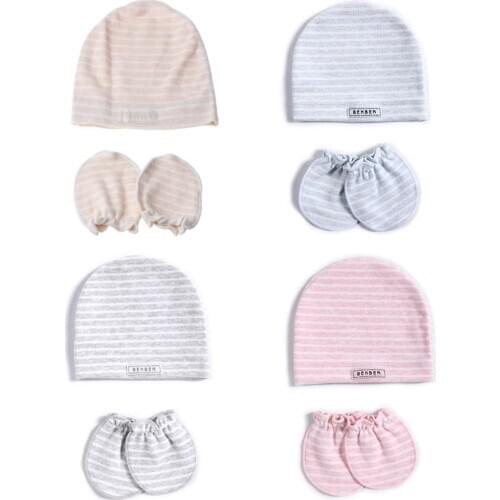 2 Pcs/set Simple Newborn Baby Births Cap Glove Set Soft Cotton Kids Infants Anti-scratch Gloves Hat Gifts