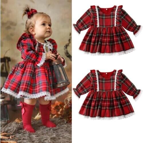Pudcoco Christmas Baby Girls Plaid Dress Toddler Infant Baby Xmas Clothes Long Sleeve Ruffle Lace Tutu Dress Fall Winter Clothes