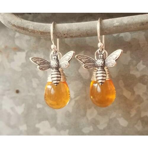 Silver Honey Bee Earrings. Honey Bee Jewelry. Wire Wrapped Drops Honey Amber Earrings