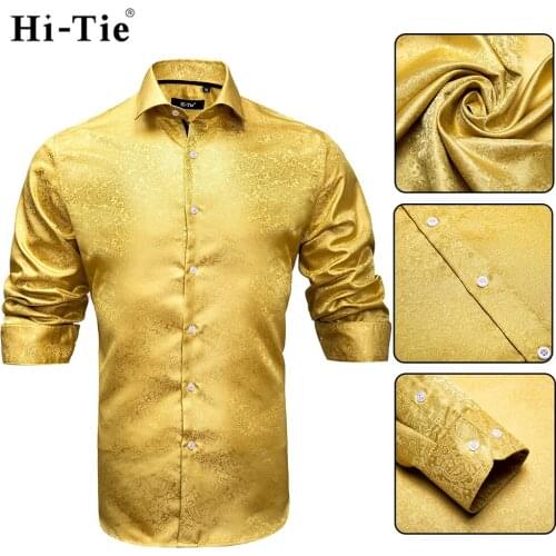 Hi-Tie Silk Yellow Solid Casual Mens Shirt Luxury Silver Shirt For Men Wedding Dress Fashion Slim Fit Long Sleeve Dropshipping