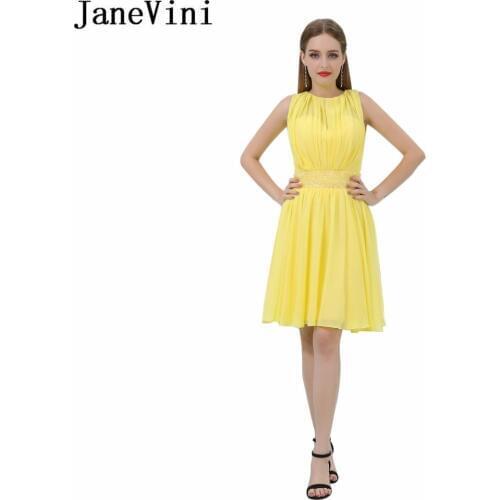 JaneVini In Stock Yellow Chiffon Short Bridesmaid Dresses 2018 Beaded Sequins Girls Prom Dress Knee Length Wedding Party Gowns