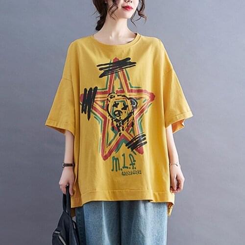 Oversized Women Summer Cotton Casual T-shirts New Arrival 2021 Simple Style Cartoon Print Loose Female Tops Tees B194