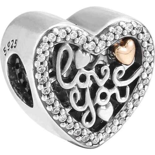 Authentic S925 Bead Charm Openwork Love Script With Crystal Beads for Women Bracelet Bangle Jewelry