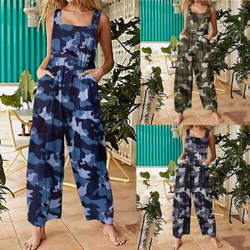 Summer New Casual WomenS Jumpsuit,Loose Style Overalls, Camouflage Printed Pattern Sleeveless with Pockets, S/ M/ L/ XL/ XXL