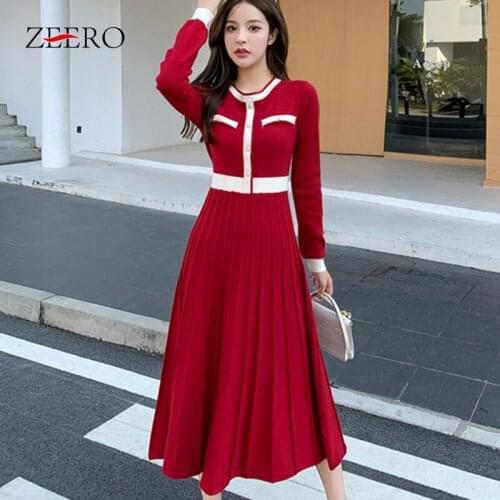 Spring Autumn Female Vintage O-Neck Buttons Long Sleeve A-Line Base Knitted Dress for Women High Waist Big Swing Midi Dresses