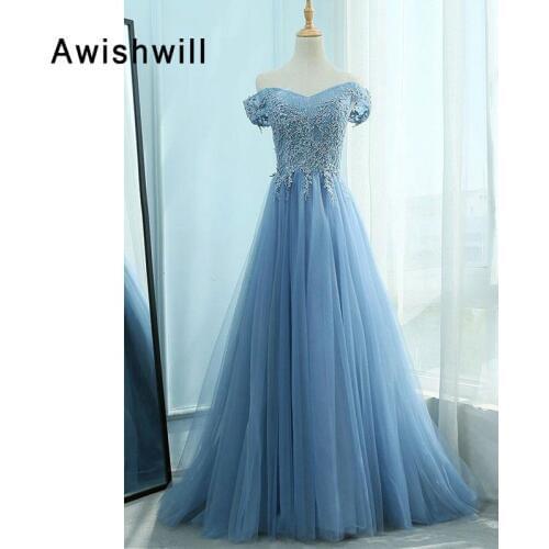 Off The Shoulder Evening Dress Sleeveless Beading Lace-up Back Tulle Aline Party Dress Elegant Women Long Dresses Formal Gown