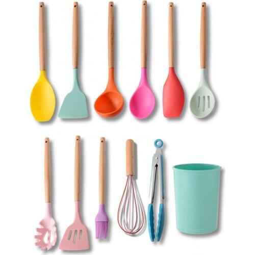 12 Pieces/set Of Mixed Color Solid Wood Handle Non-stick Silicone Spatula Spoon Oil Beater Meal Cooker Set
