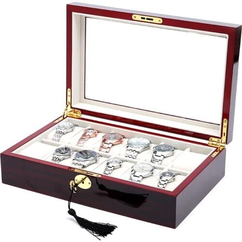 2020 2/6/10/12 Slots Grids Watch Box Storage Red Black Wooden Glass Case Bracelet Display Casket Watches Holder Casket Organizer