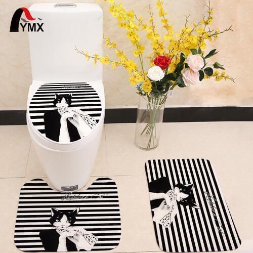 3pcs/lot Cute Cartoon Cat Toilet Seat Cover Flannel Fabric Toilet Case Cat Printed Bathroom Door Non-slip Mat Home Decoration