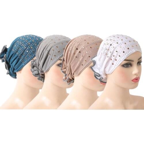 4PCS Fashion Solid Color Hijabs Cap for Women Muslim Wrap Head Scarf Turban Bonnet with Drill Inner Hijab Underscarf Cap Fashion