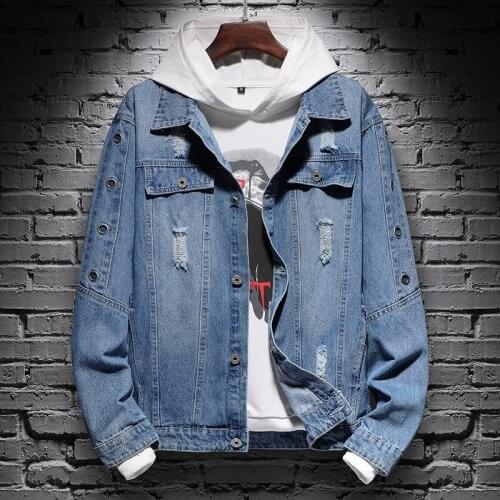 Retro Denim Jacket Mens Long-sleeved Loose Washed Ripped Denim Jacket Hiphop Streetwear Tide Tops Male Clothes Spring Autumn