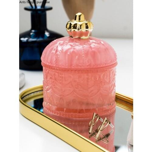 European Style Pink Crystal Glass Jar Art Crown Jewelry Box Small Objects Cosmetic Storage Box Dressing Table Desktop Decoration