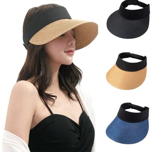 Summer Empty Top Suncap Portable Foldable Magic Tape Roll-up Beach Hat Wide Brim Women Sun Hat Fashion Casual Straw Cap Visors
