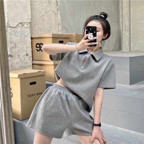 Summer Womens Polo Shirts Clothing Short Sleeve Tops for Ladies Pant New Korean Fashion Solid Gray Polo Shirt Set #010063