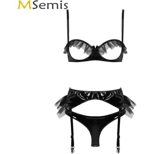 MSemis Women Hot Lace Splice Wet Look Leather Nightwear Erotic Open Cups Bra Top with Crotchless Briefs Garter Belt Lingerie Set